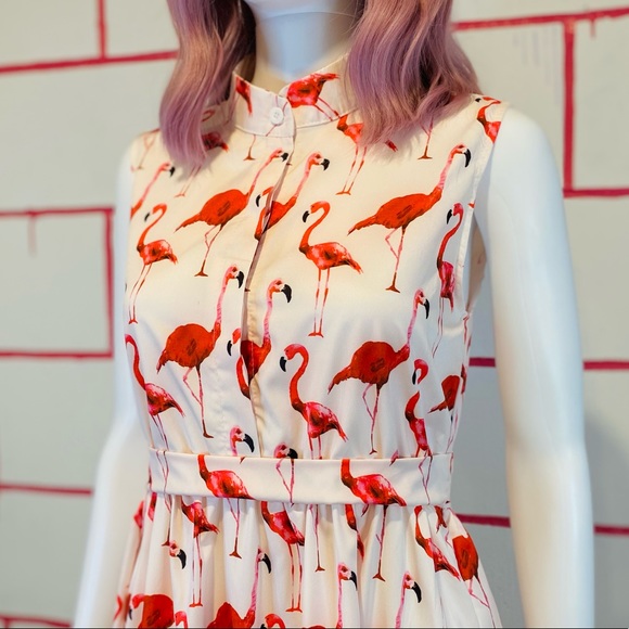 Whimsical A-Line Button Down Flamingo Print Dress 🦩 - Picture 4 of 8
